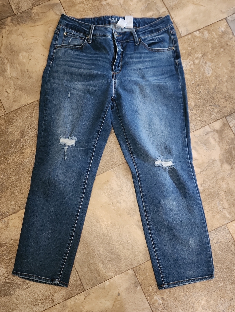 Time and Tru Women’s Boyfriend Jeans in Mid Blue with Distressed Knees